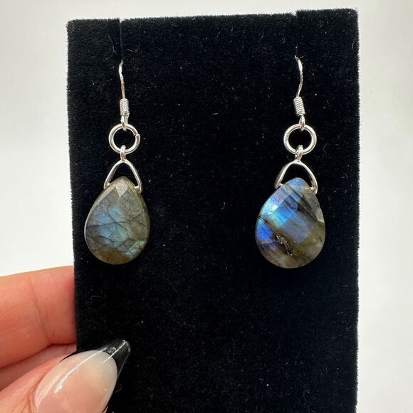 Blue Flash Faceted Labradorite Teardrop Dangle Earrings in Sterling Silver! - Picture 6 of 12